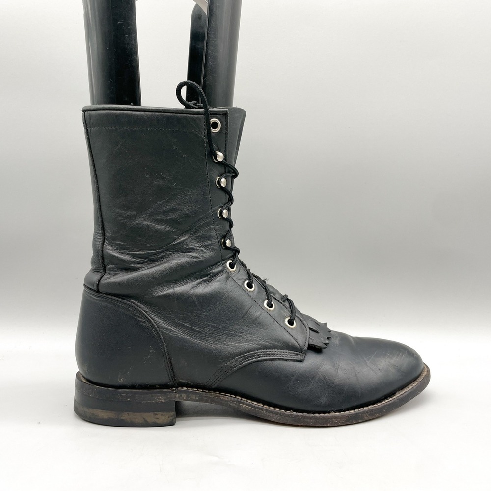 Justin Mens 8.5E Western Cowboy Boots Lace Up Kiltie Black Leather Rugged Punk